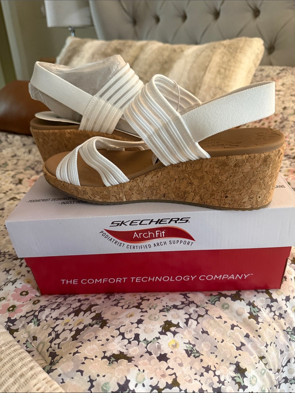 Skechers White Elastic Strap Cork Wedge Sandals